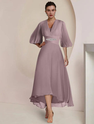 NumberSea - A - Line Mother of the Bride Dress Formal Wedding Guest Party Vintage Elegant V Neck Tea Length Chiffon 3/4 Length Sleeve with Pleats Crystals