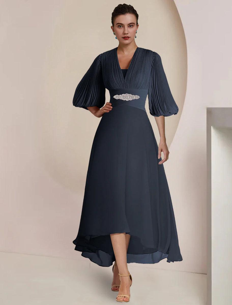 NumberSea - A - Line Mother of the Bride Dress Formal Wedding Guest Party Vintage Elegant V Neck Tea Length Chiffon 3/4 Length Sleeve with Pleats Crystals