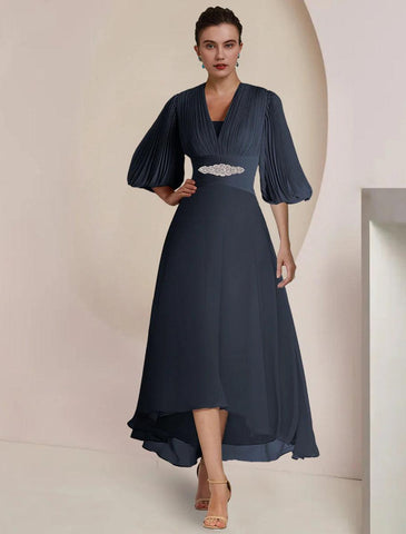 NumberSea - A - Line Mother of the Bride Dress Formal Wedding Guest Party Vintage Elegant V Neck Tea Length Chiffon 3/4 Length Sleeve with Pleats Crystals