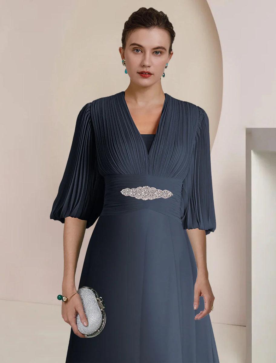 NumberSea - A - Line Mother of the Bride Dress Formal Wedding Guest Party Vintage Elegant V Neck Tea Length Chiffon 3/4 Length Sleeve with Pleats Crystals