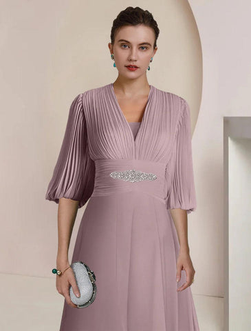 NumberSea - A - Line Mother of the Bride Dress Formal Wedding Guest Party Vintage Elegant V Neck Tea Length Chiffon 3/4 Length Sleeve with Pleats Crystals