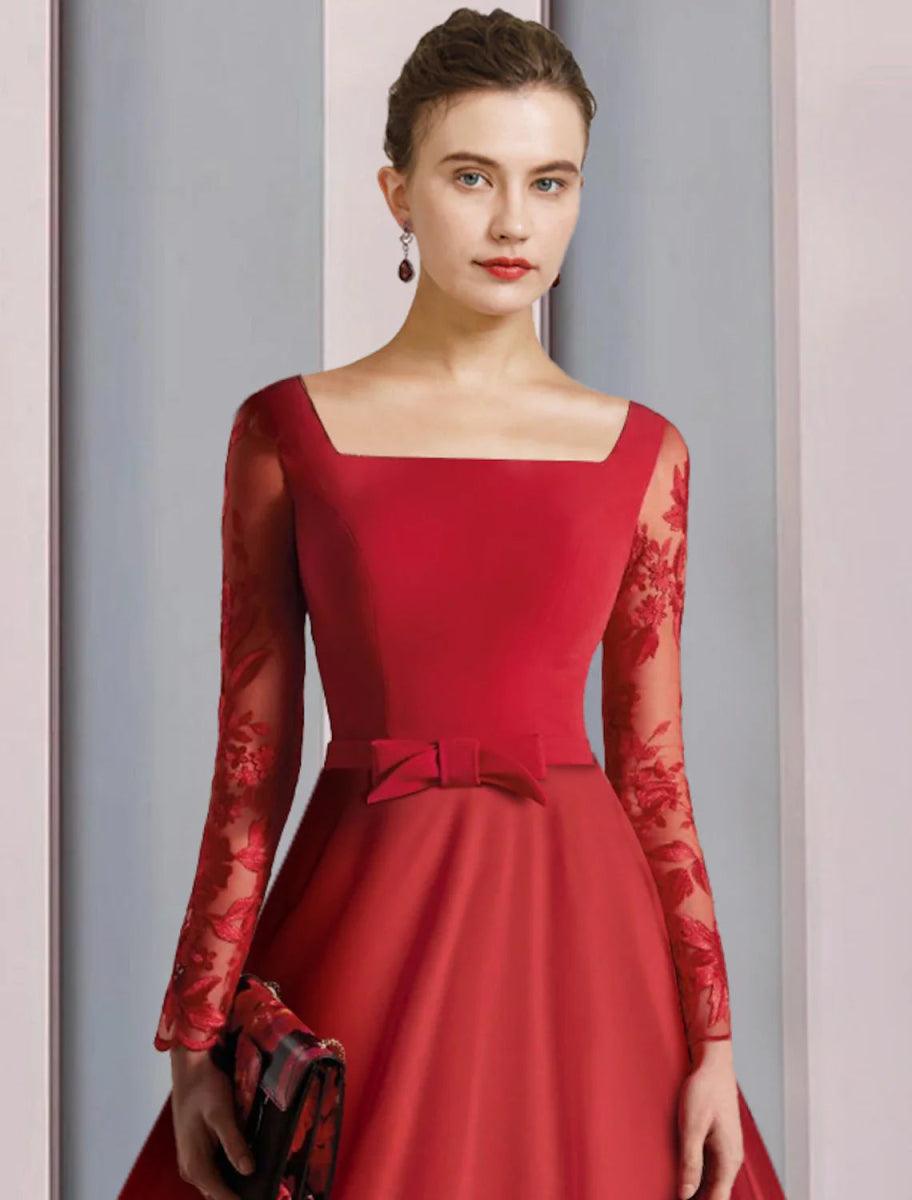 NumberSea - A - Line Mother of the Bride Dress Formal Wedding Guest Vintage Elegant Square Neck Tea Length Satin Lace Stretch Fabric Long Sleeve with Bow(s) Appliques