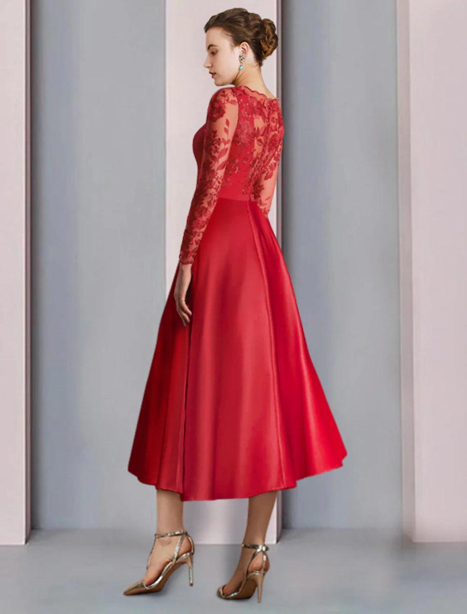 NumberSea - A - Line Mother of the Bride Dress Formal Wedding Guest Vintage Elegant Square Neck Tea Length Satin Lace Stretch Fabric Long Sleeve with Bow(s) Appliques