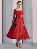NumberSea - A - Line Mother of the Bride Dress Formal Wedding Guest Vintage Elegant Square Neck Tea Length Satin Lace Stretch Fabric Long Sleeve with Bow(s) Appliques