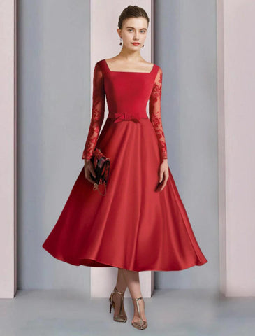 NumberSea - A - Line Mother of the Bride Dress Formal Wedding Guest Vintage Elegant Square Neck Tea Length Satin Lace Stretch Fabric Long Sleeve with Bow(s) Appliques
