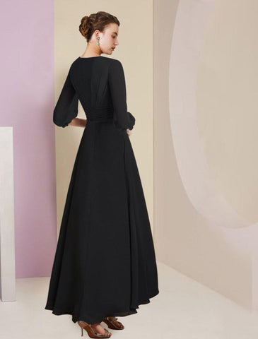 NumberSea - A - Line Mother of the Bride Dress Formal Wedding Guest Vintage Elegant V Neck Asymmetrical Ankle Length Chiffon 3/4 Length Sleeve with Flower