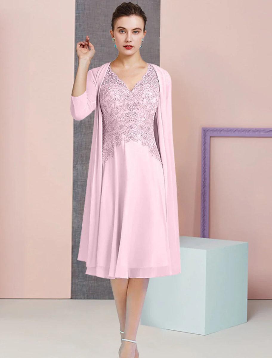 NumberSea - A - Line Mother of the Bride Dress Formal Wedding Guest Vintage Elegant V Neck Knee Length Chiffon Lace 3/4 Length Sleeve Jacket Dresses with Beading Sequin Appliques