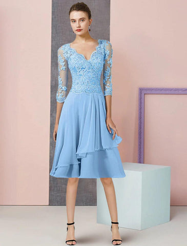 NumberSea - A - Line Mother of the Bride Dress Formal Wedding Guest Vintage Elegant V Neck Knee Length Chiffon Lace Half Sleeve with Pleats Sequin Appliques
