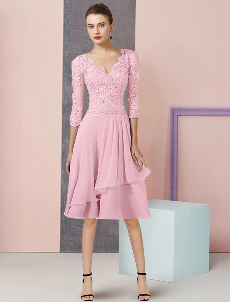 NumberSea - A - Line Mother of the Bride Dress Formal Wedding Guest Vintage Elegant V Neck Knee Length Chiffon Lace Half Sleeve with Pleats Sequin Appliques