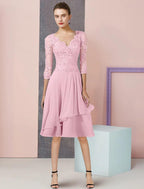 NumberSea - A - Line Mother of the Bride Dress Formal Wedding Guest Vintage Elegant V Neck Knee Length Chiffon Lace Half Sleeve with Pleats Sequin Appliques
