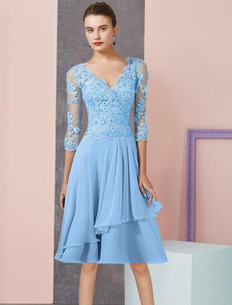 NumberSea - A - Line Mother of the Bride Dress Formal Wedding Guest Vintage Elegant V Neck Knee Length Chiffon Lace Half Sleeve with Pleats Sequin Appliques