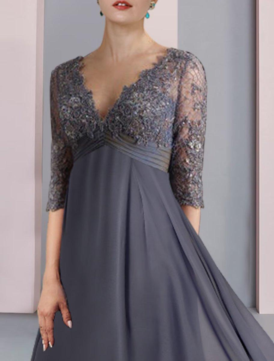 NumberSea - A - Line Mother of the Bride Dress Formal Wedding Guest Vintage Elegant V Neck Tea Length Chiffon Lace Half Sleeve with Beading Sequin Appliques