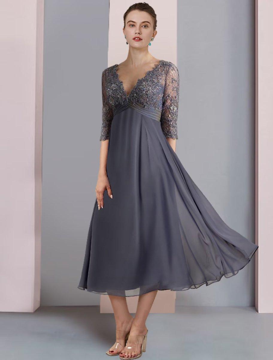 NumberSea - A - Line Mother of the Bride Dress Formal Wedding Guest Vintage Elegant V Neck Tea Length Chiffon Lace Half Sleeve with Beading Sequin Appliques