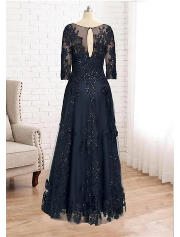 NumberSea - A - Line Mother of the Bride Dress Luxurious Elegant Jewel Neck Floor Length Lace Tulle Imitated Silk 3/4 Length Sleeve with Sequin Appliques