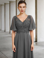NumberSea - A - Line Mother of the Bride Dress Luxurious Elegant V Neck Floor Length Chiffon Lace Short Sleeve with Beading Appliques