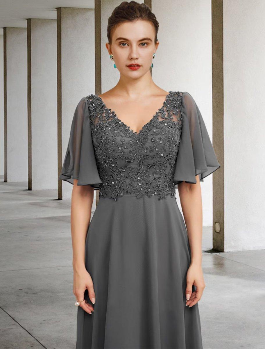NumberSea - A - Line Mother of the Bride Dress Luxurious Elegant V Neck Floor Length Chiffon Lace Short Sleeve with Beading Appliques