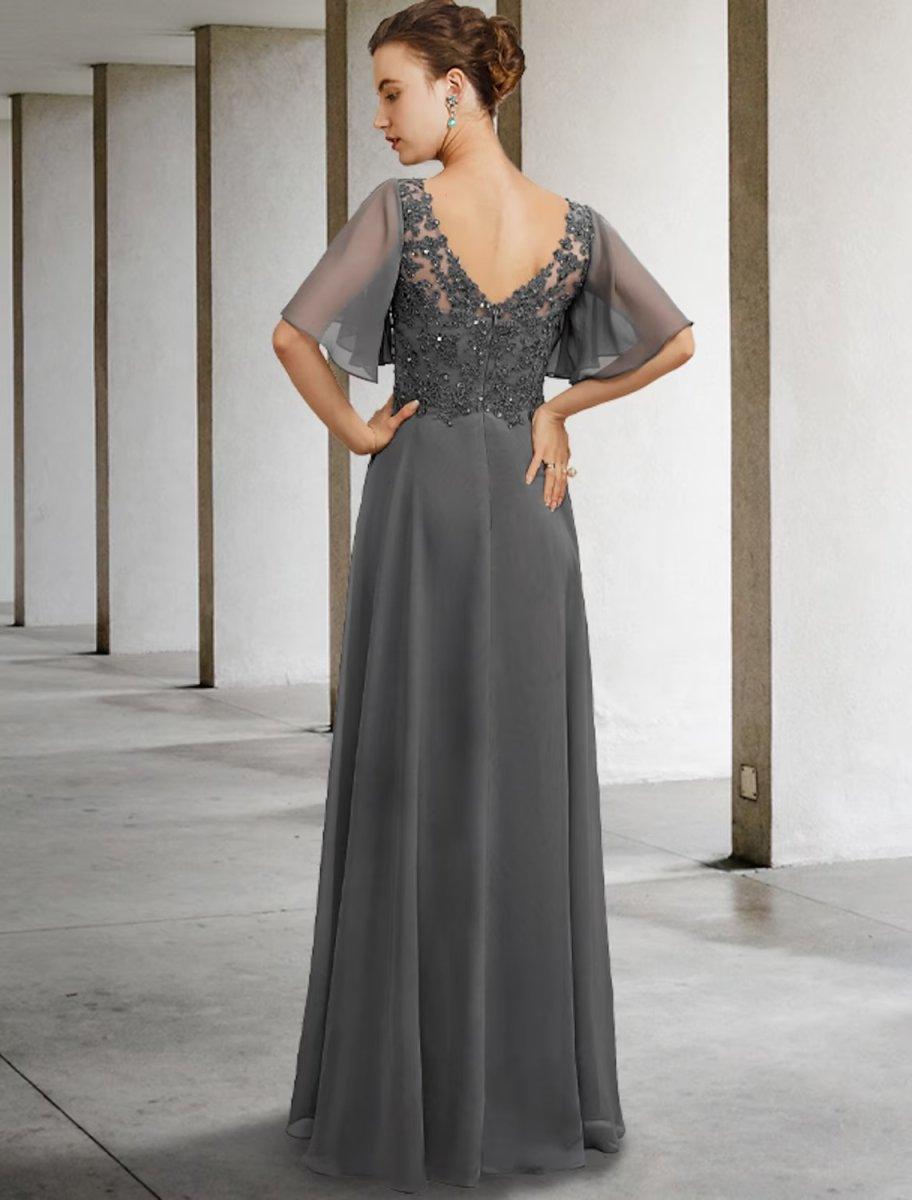 NumberSea - A - Line Mother of the Bride Dress Luxurious Elegant V Neck Floor Length Chiffon Lace Short Sleeve with Beading Appliques