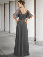 NumberSea - A - Line Mother of the Bride Dress Luxurious Elegant V Neck Floor Length Chiffon Lace Short Sleeve with Beading Appliques