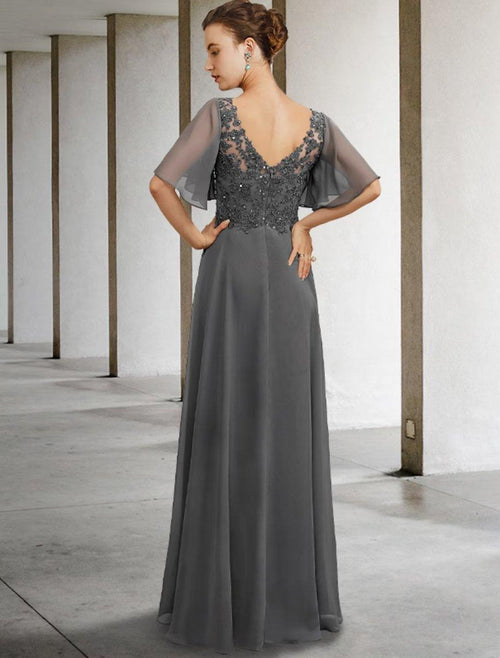 NumberSea - A - Line Mother of the Bride Dress Luxurious Elegant V Neck Floor Length Chiffon Lace Short Sleeve with Beading Appliques