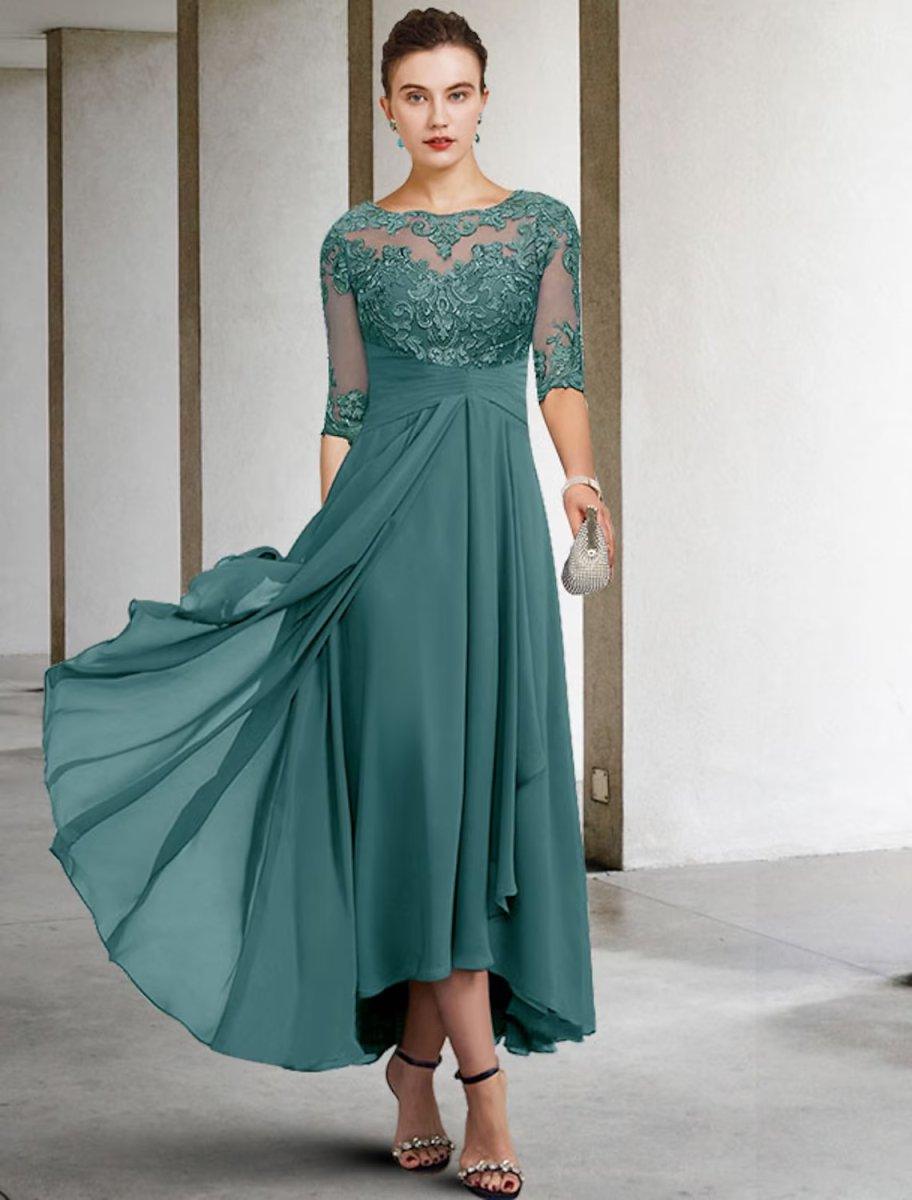 NumberSea-A-Line Mother of the Bride Dress Plus Size Elegant High Low V Neck Asymmetrical Ankle Length Chiffon Lace Half Sleeve with Beading Appliques NumberSea-A-Line Mother of the Bride Dress Plus Size Elegant High Low V Neck Asymmetrical Ankle Length Chiffon Lace Half Sleeve with Beading Appliques