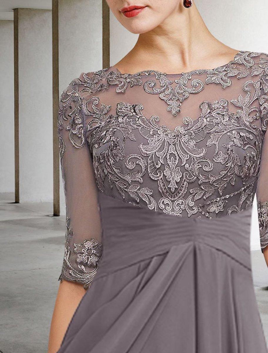 NumberSea-A-Line Mother of the Bride Dress Plus Size Elegant High Low V Neck Asymmetrical Ankle Length Chiffon Lace Half Sleeve with Beading Appliques