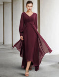 NumberSea - A - Line Mother of the Bride Dress Plus Size Elegant High Low V Neck Asymmetrical Floor Length Chiffon Long Sleeve with Pleats Ruched