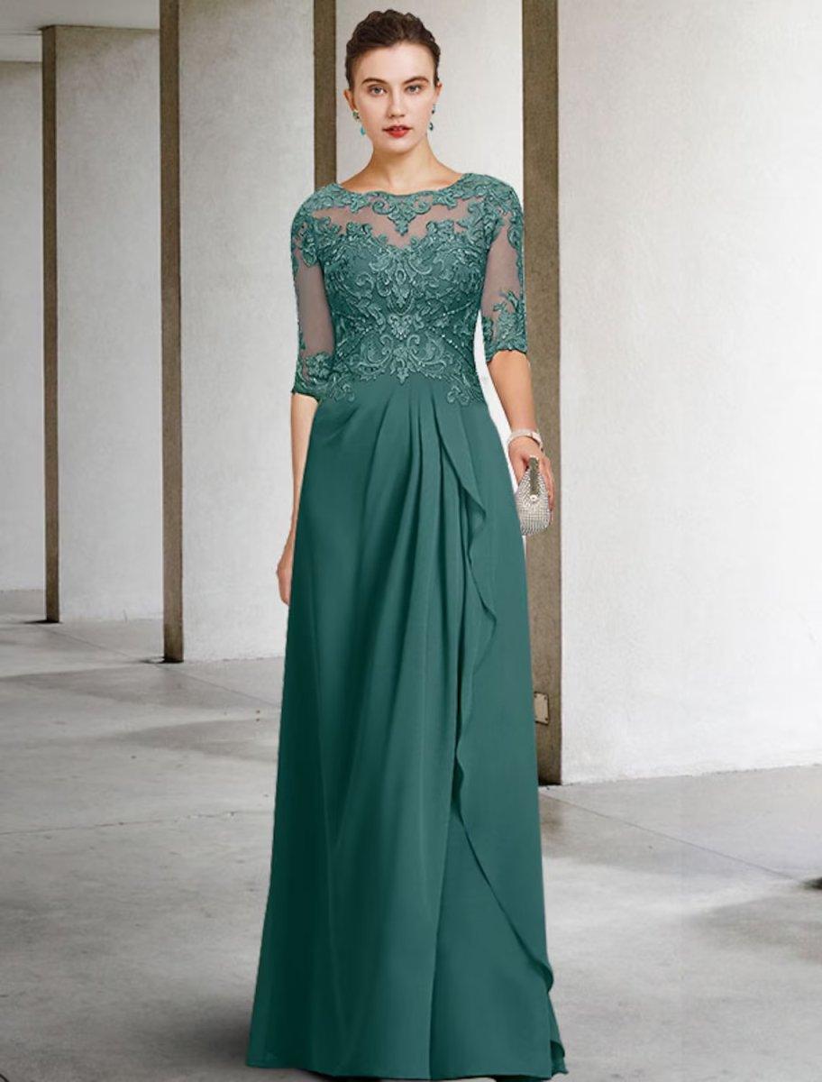 NumberSea-A-Line Mother of the Bride Dress Plus Size Elegant Jewel Neck Floor Length Chiffon Lace Half Sleeve with Pleats Beading Appliques NumberSea-A-Line Mother of the Bride Dress Plus Size Elegant Jewel Neck Floor Length Chiffon Lace Half Sleeve with Pleats Beading Appliques