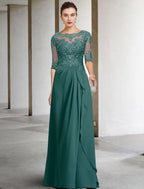 NumberSea - A - Line Mother of the Bride Dress Plus Size Elegant Jewel Neck Floor Length Chiffon Lace Half Sleeve with Pleats Beading Appliques
