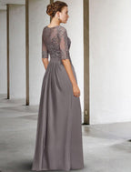 NumberSea - A - Line Mother of the Bride Dress Plus Size Elegant Jewel Neck Floor Length Chiffon Lace Half Sleeve with Pleats Beading Appliques