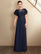 NumberSea - A - Line Mother of the Bride Dress Plus Size Elegant Jewel Neck Floor Length Chiffon Lace Short Sleeve with Sequin Appliques