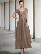 NumberSea - A - Line Mother of the Bride Dress Plus Size Elegant V Neck Ankle Length Chiffon Lace Short Sleeve with Appliques