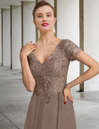 NumberSea - A - Line Mother of the Bride Dress Plus Size Elegant V Neck Ankle Length Chiffon Lace Short Sleeve with Appliques
