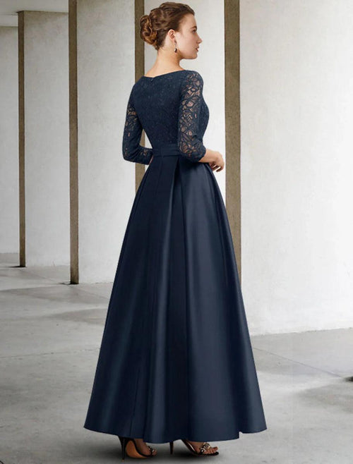 NumberSea - A - Line Mother of the Bride Dress Plus Size Elegant V Neck Ankle Length Satin Lace 3/4 Length Sleeve No with Pleats Ruched