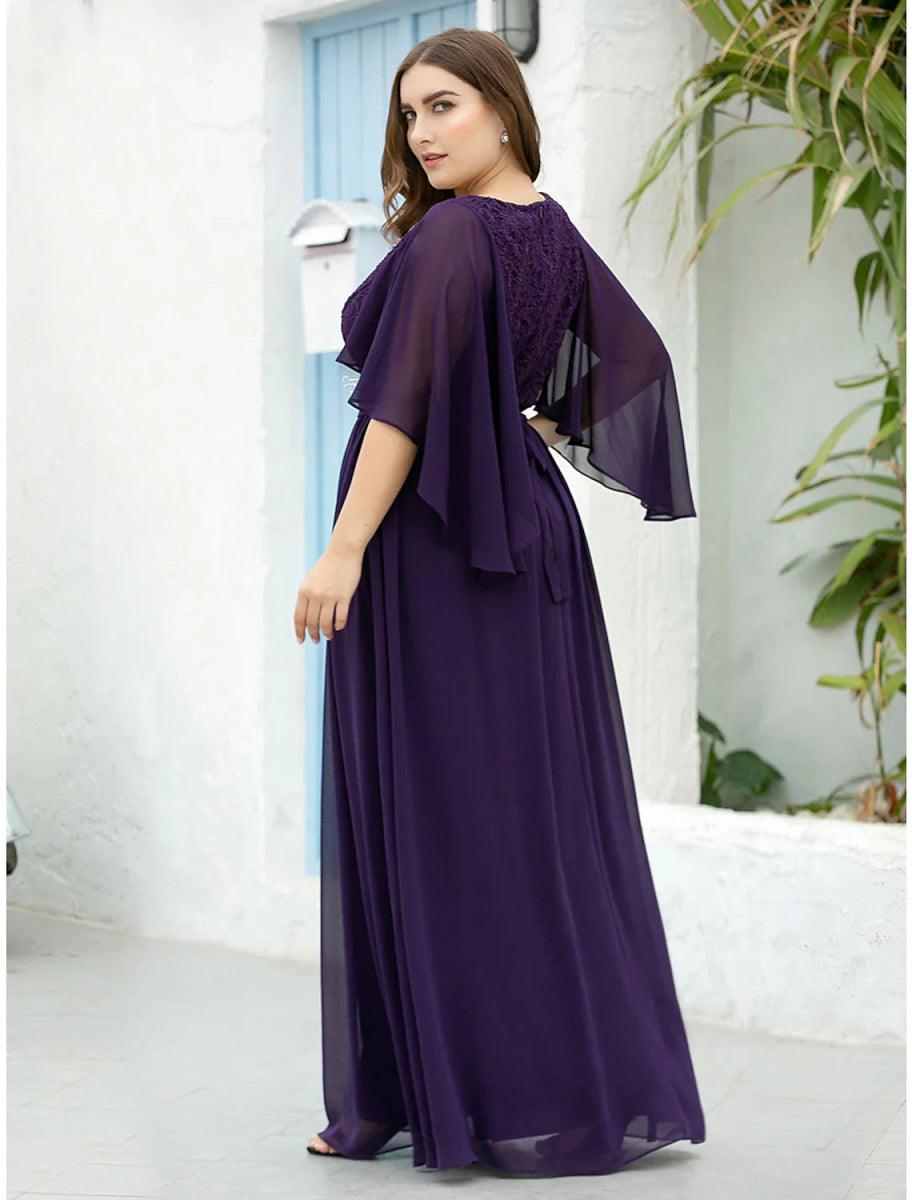 NumberSea - A - Line Mother of the Bride Dress Plus Size Elegant V Neck Floor Length Chiffon Tulle Half Sleeve with Sash / Ribbon