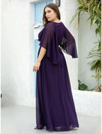 NumberSea - A - Line Mother of the Bride Dress Plus Size Elegant V Neck Floor Length Chiffon Tulle Half Sleeve with Sash / Ribbon