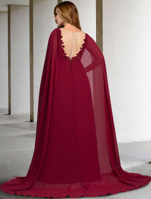 NumberSea - A - Line Mother of the Bride Dress Plus Size Elegant V Neck Sweep / Brush Train Chiffon Lace Sleeveless Cap Sleeve No with Pleats Beading Appliques