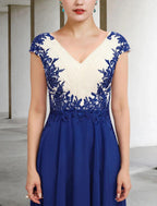 NumberSea - A - Line Mother of the Bride Dress Plus Size Elegant V Neck Tea Length Chiffon Lace Cap Sleeve with Appliques Side - Draped Color Block