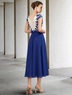 NumberSea - A - Line Mother of the Bride Dress Plus Size Elegant V Neck Tea Length Chiffon Lace Cap Sleeve with Appliques Side - Draped Color Block
