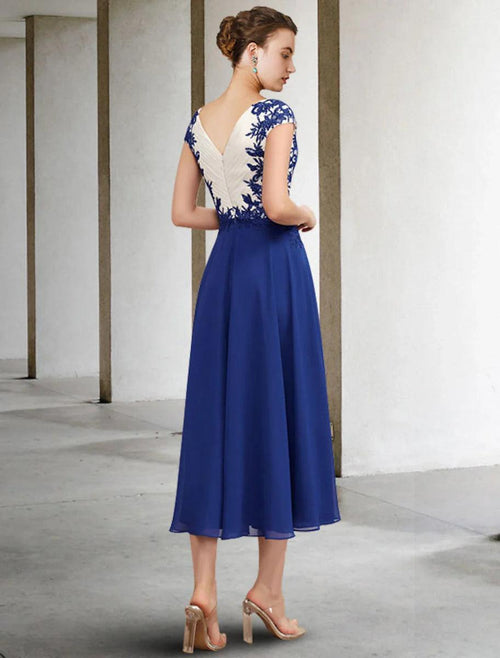 NumberSea - A - Line Mother of the Bride Dress Plus Size Elegant V Neck Tea Length Chiffon Lace Cap Sleeve with Appliques Side - Draped Color Block