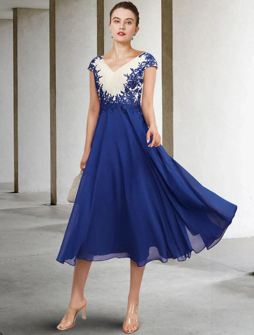 NumberSea - A - Line Mother of the Bride Dress Plus Size Elegant V Neck Tea Length Chiffon Lace Cap Sleeve with Appliques Side - Draped Color Block