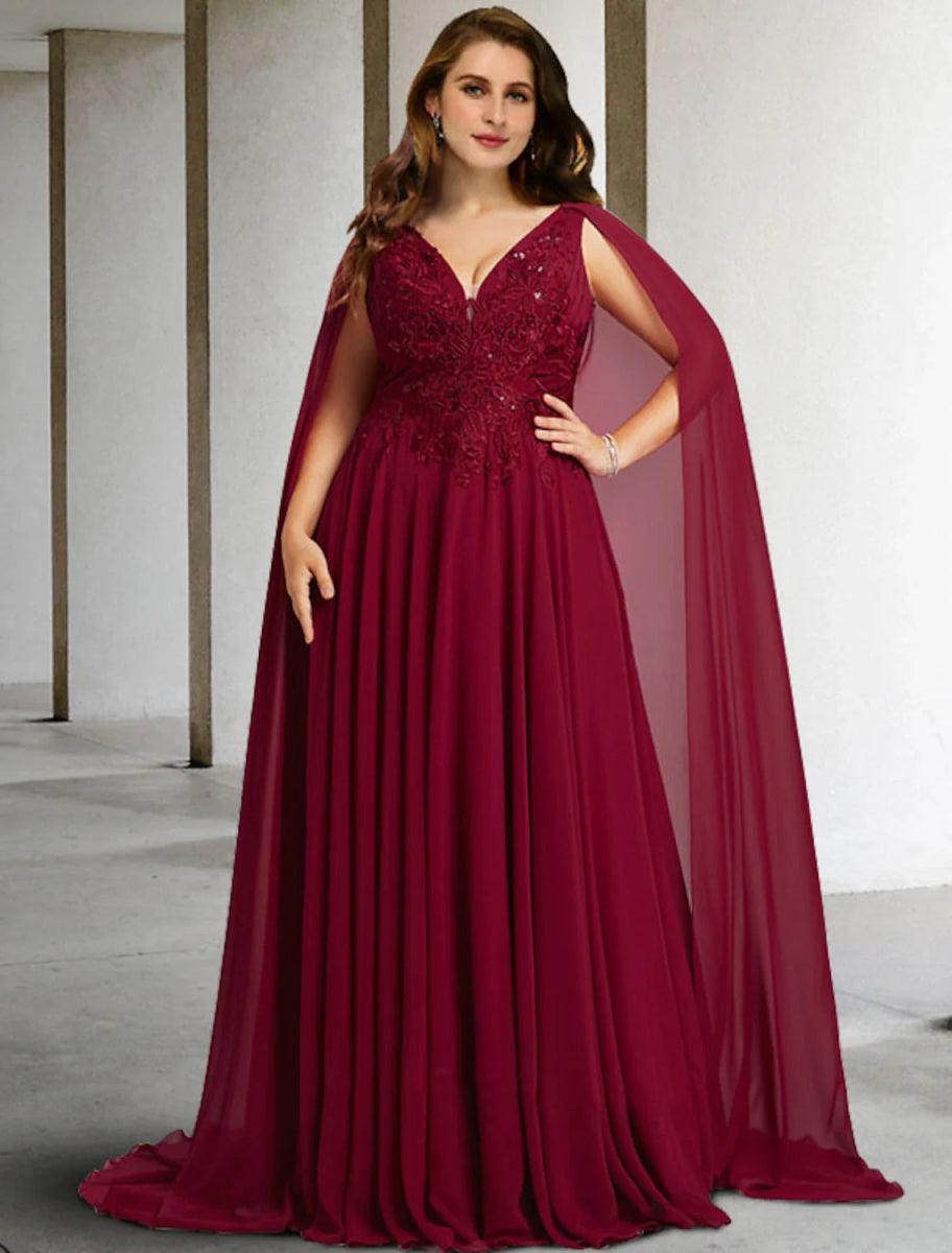 NumberSea - A - Line Mother of the Bride Dress Plus Size Hide Belly Elegant V Neck Sweep / Brush Train Chiffon Lace Sleeveless Cap Sleeve No with Pleats Beading Appliques