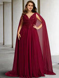 NumberSea - A - Line Mother of the Bride Dress Plus Size Hide Belly Elegant V Neck Sweep / Brush Train Chiffon Lace Sleeveless Cap Sleeve No with Pleats Beading Appliques