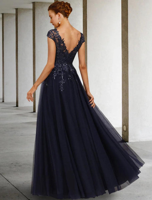 NumberSea - A - Line Mother of the Bride Dress Vintage Elegant V Neck Floor Length Tulle Sequined Cap Sleeve with Sequin Appliques