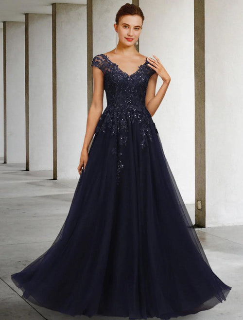 NumberSea - A - Line Mother of the Bride Dress Vintage Elegant V Neck Floor Length Tulle Sequined Cap Sleeve with Sequin Appliques