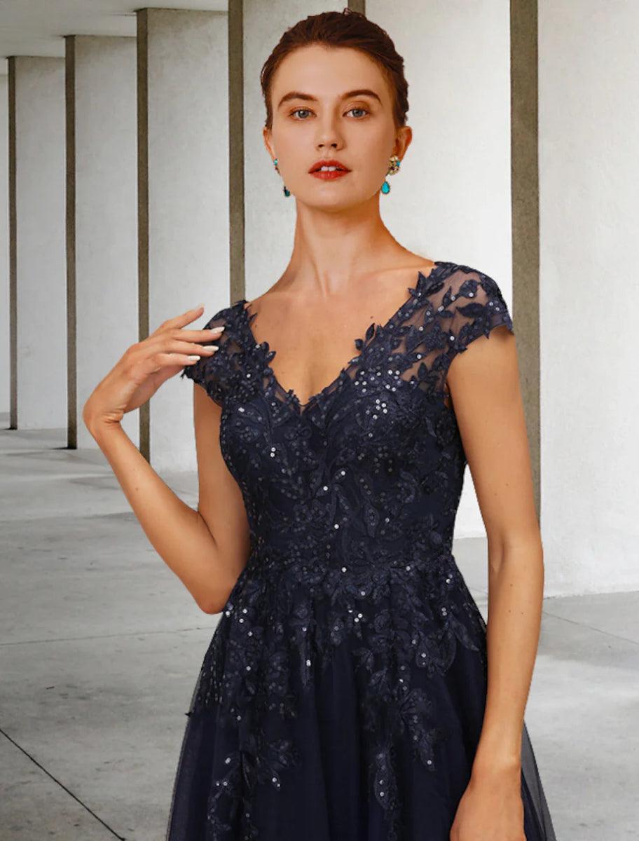 NumberSea - A - Line Mother of the Bride Dress Vintage Elegant V Neck Floor Length Tulle Sequined Cap Sleeve with Sequin Appliques
