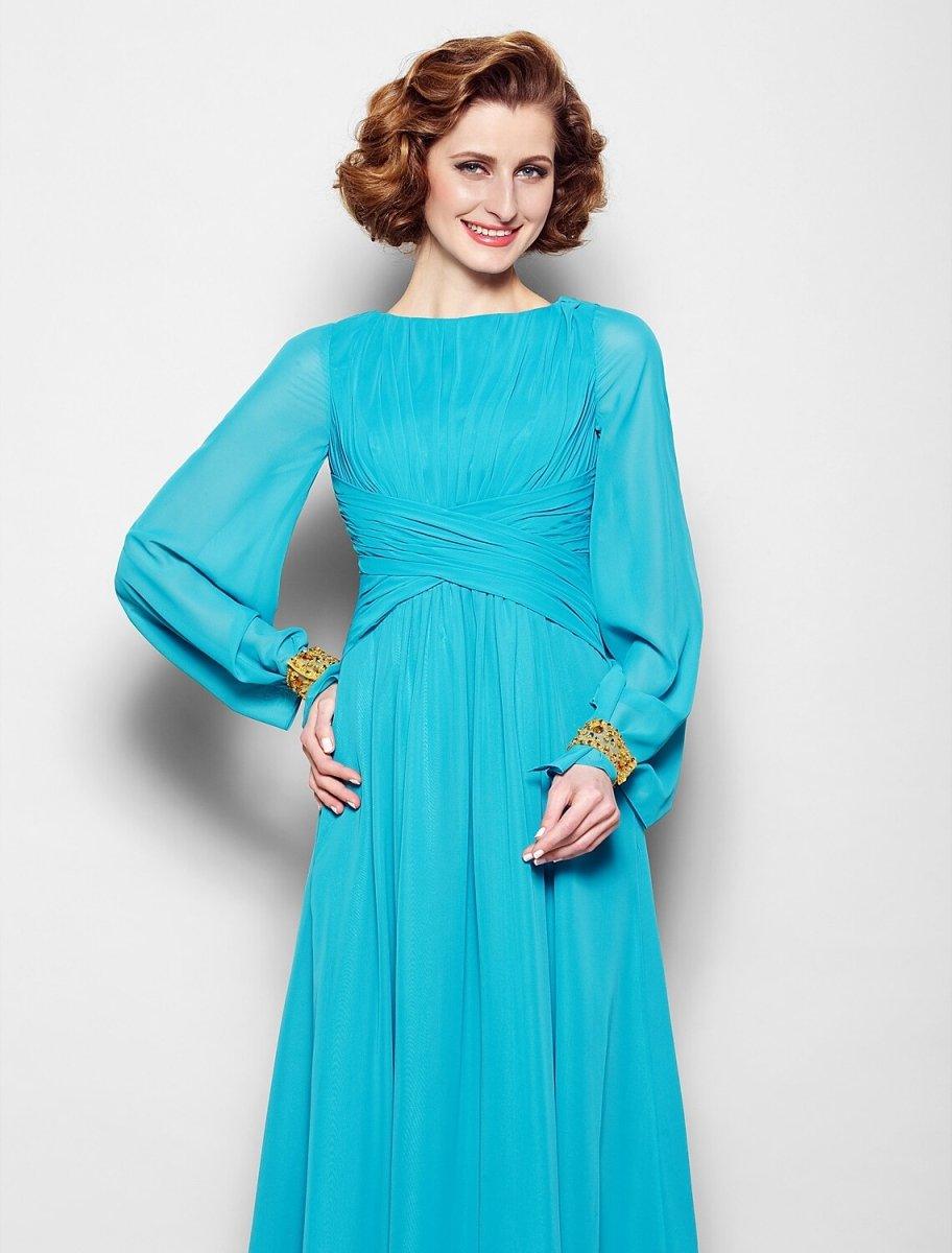 NumberSea - A - Line Mother of the Bride Dress Vintage Inspired Bateau Neck Floor Length Chiffon Long Sleeve No with Pleats