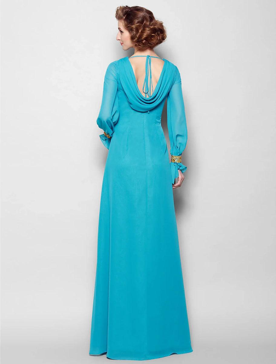 NumberSea - A - Line Mother of the Bride Dress Vintage Inspired Bateau Neck Floor Length Chiffon Long Sleeve No with Pleats
