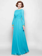 NumberSea - A - Line Mother of the Bride Dress Vintage Inspired Bateau Neck Floor Length Chiffon Long Sleeve No with Pleats