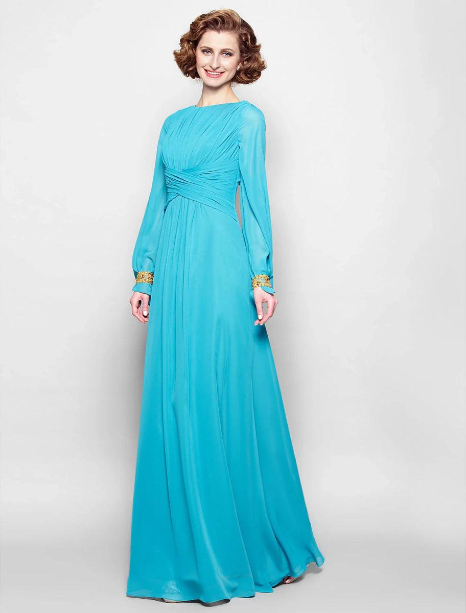 NumberSea - A - Line Mother of the Bride Dress Vintage Inspired Bateau Neck Floor Length Chiffon Long Sleeve No with Pleats