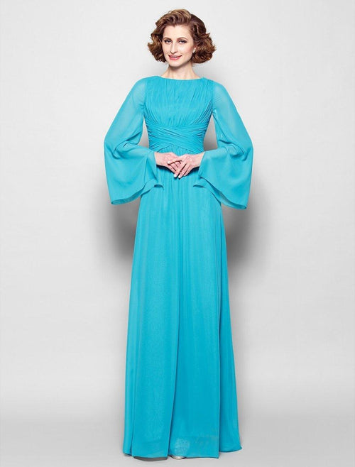 NumberSea - A - Line Mother of the Bride Dress Vintage Inspired Bateau Neck Floor Length Chiffon Long Sleeve No with Pleats